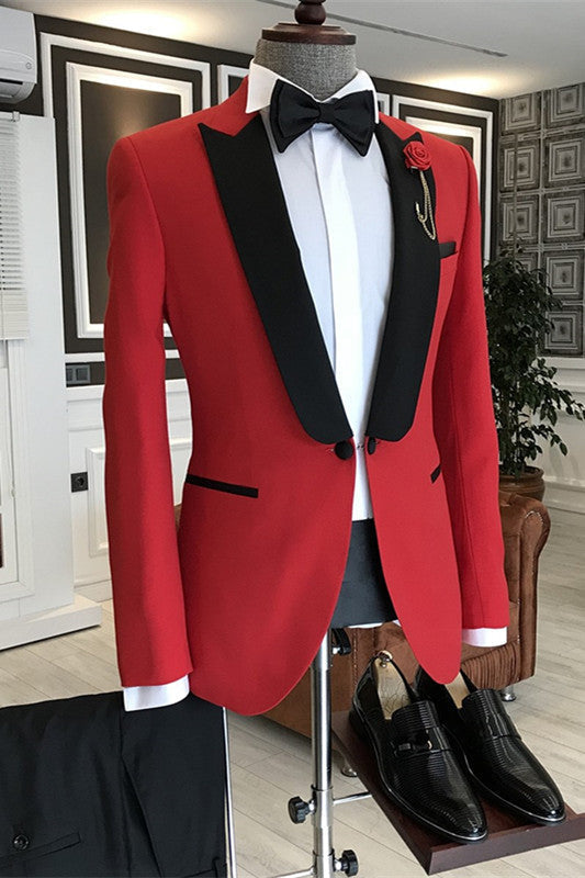Red Two Pieces Men Prom Suits Wedding Suits with Black Peaked Lapel