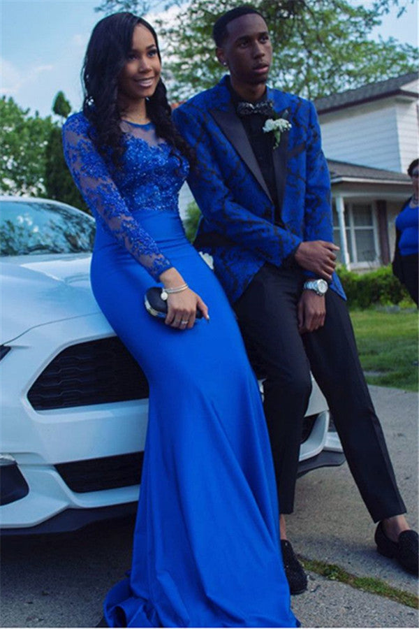Royal Blue Jacquard Designer Boy's Prom Suits with Black Lapel