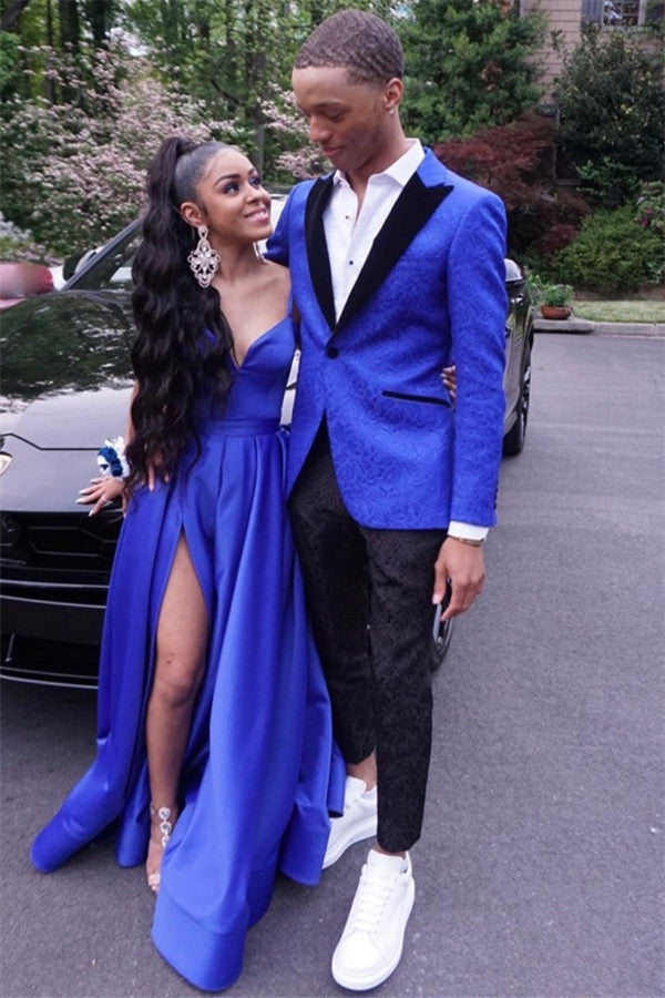 Royal Blue Jacquard One Button Prom Suit