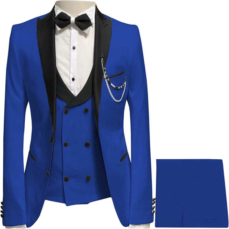 Royal Blue Three Pieces Prom Suits Groomen Suits with Peaked Lapel