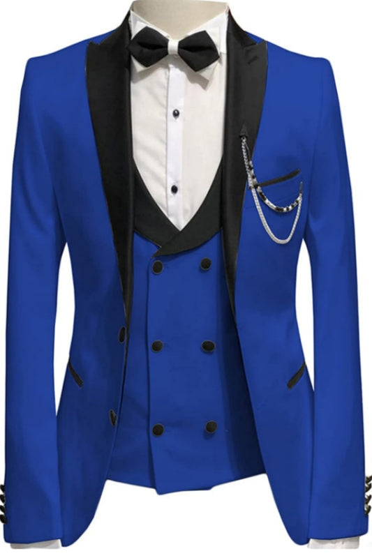 Royal Blue Three Pieces Prom Suits Groomen Suits with Peaked Lapel