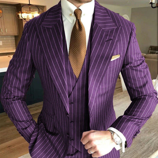 Purple Striped Peaked Lapel 3-piece Men Suit
