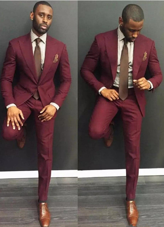 Simple Burgundy Slim Fit Peaked Lapel 2-Piece Men‘s Suits