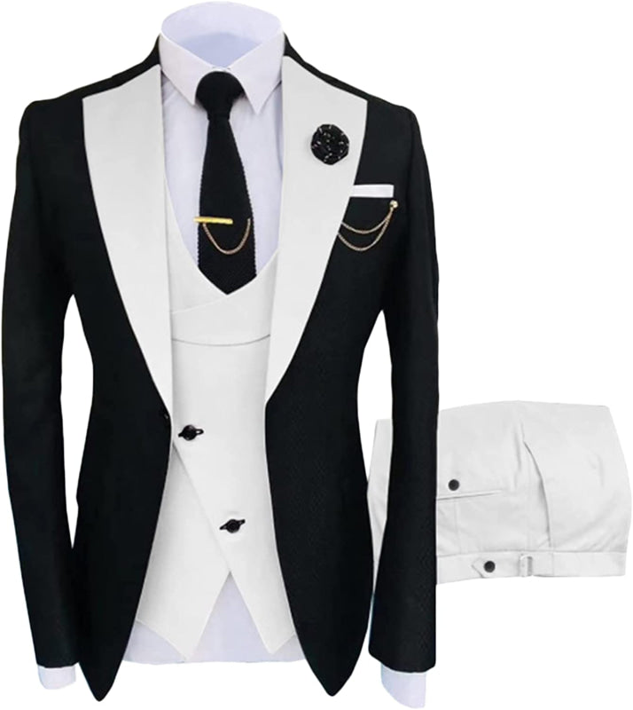Simple White Shawl Lapel Three Pieces Black Prom Suits One Button Wedding Suit