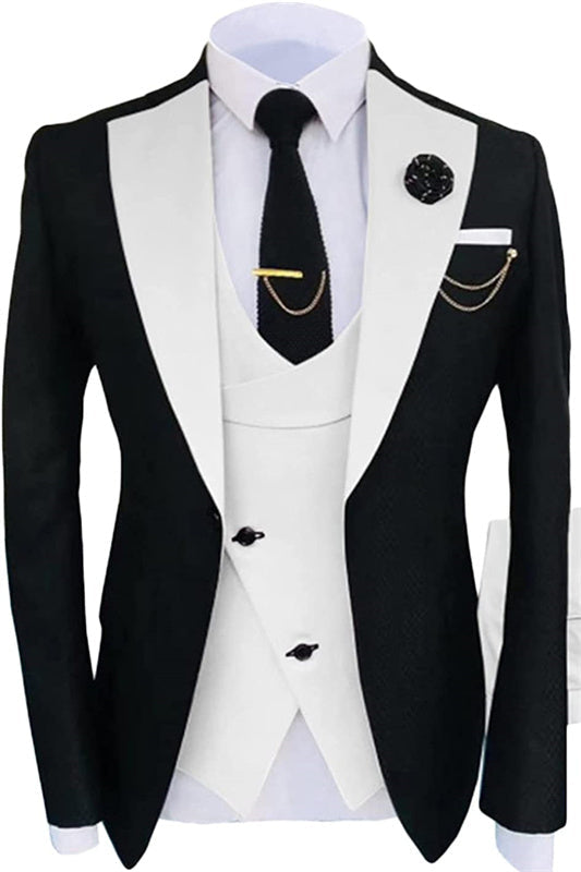 Simple White Shawl Lapel Three Pieces Black Prom Suits One Button Wedding Suit
