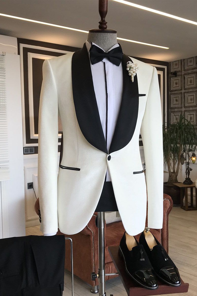 Simple White Shawl Lapel Single Breasted Wedding Suit For Grooms