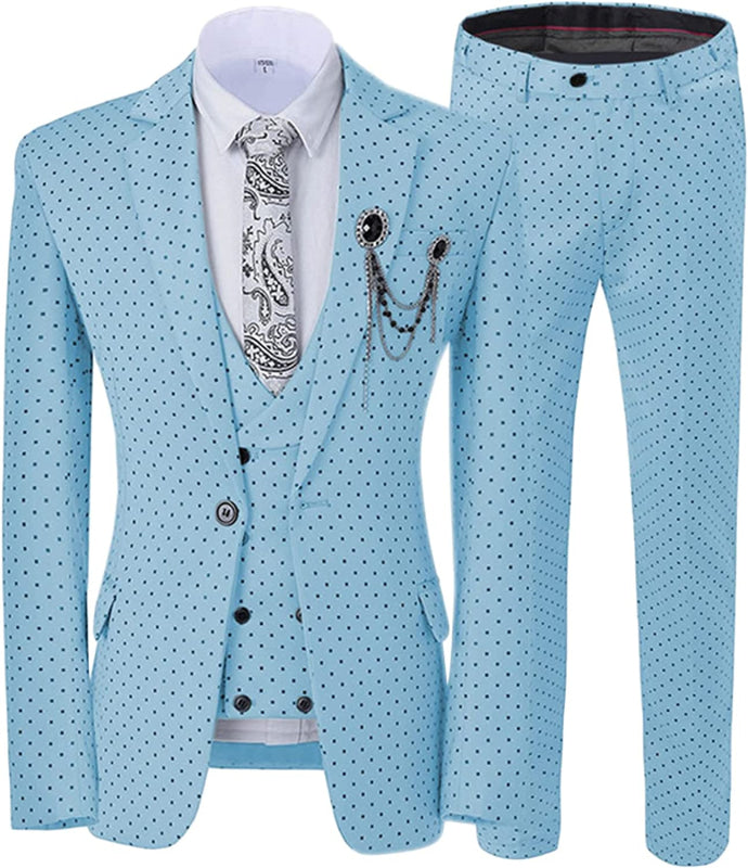 Sky Blue Notched Lapel Black Dot Three Pieces Prom Suits Slim Fit Wedding Suit