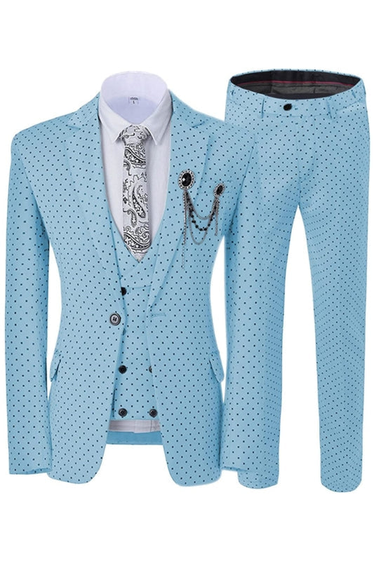 Sky Blue Notched Lapel Black Dot Three Pieces Prom Suits Slim Fit Wedding Suit