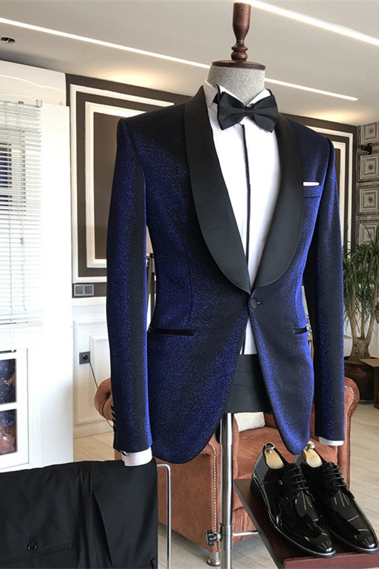 Sparkly Navy Blue Shawl Lapel Wedding Suits with Black Lapel for Groom