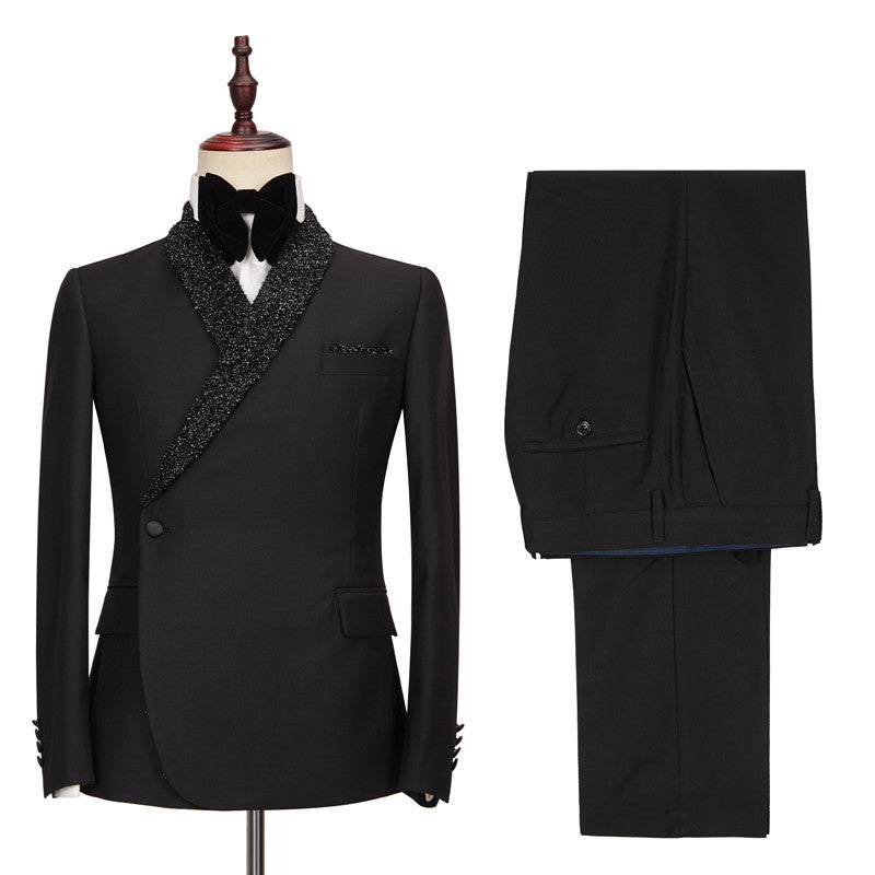 Sparkly Shawl Lapel Black One Button Wedding Prom Suit