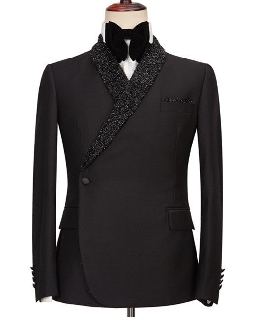 Sparkly Shawl Lapel Black One Button Wedding Prom Suits