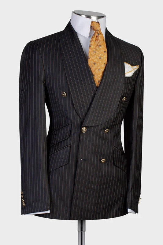 Black Double-breasted 2-piece Shawl Lapel Striped Suit