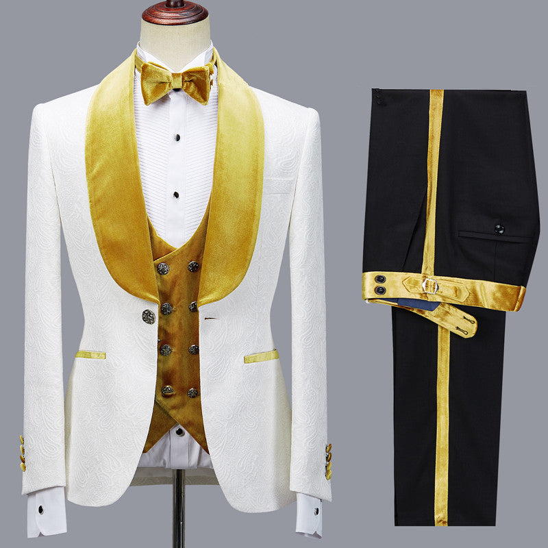 White Jacquard Wedding 3-piece Suit with Velvet Lapel