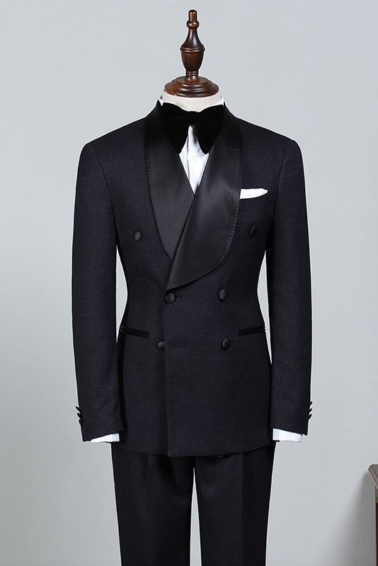 Well-cut All Black Double Breasted Bespoke Wedding Suit for Grooms