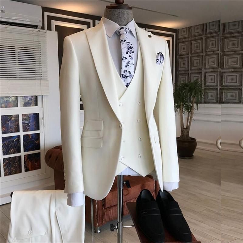 Cream White Three Pieces Peaked Lapel Men Suits for Wedding