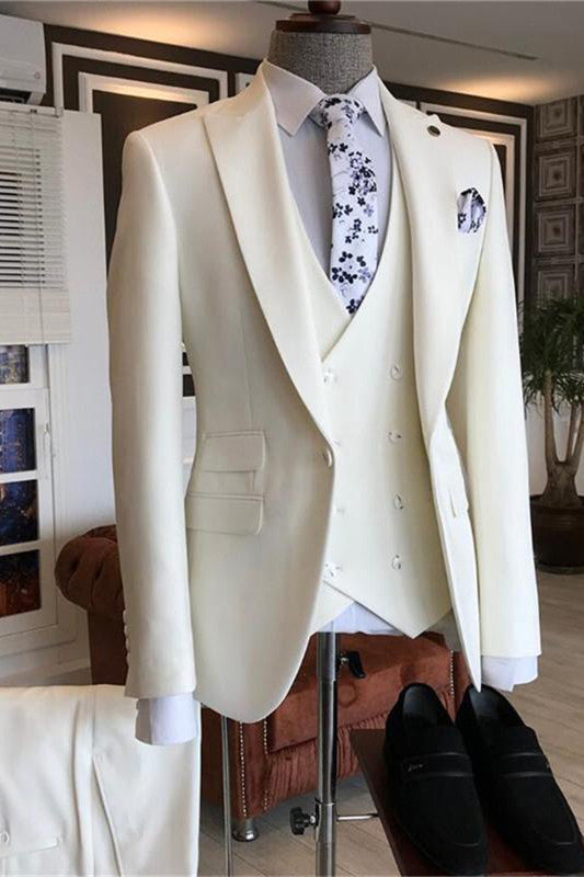 Cream White Three Pieces Peaked Lapel Men Suits for Wedding