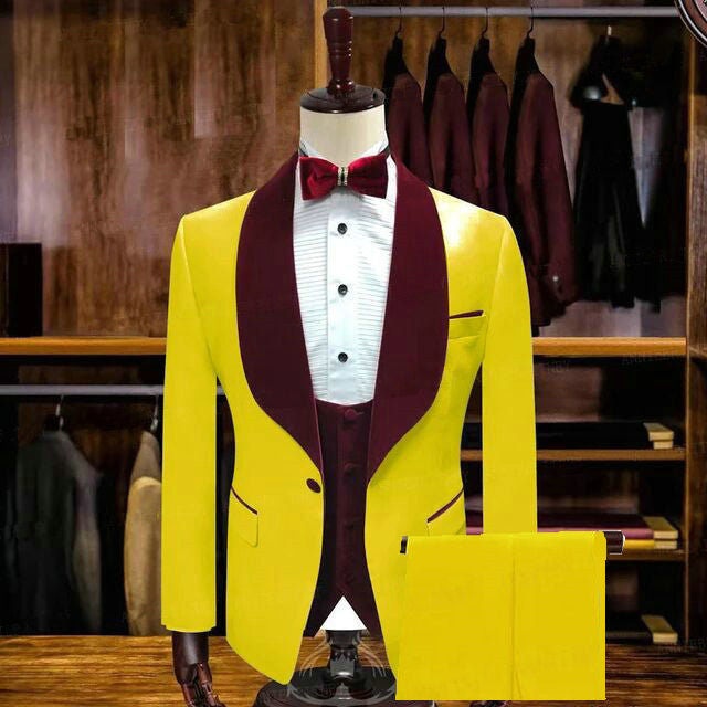 Yellow One Button Wedding Groom Velvet Suit