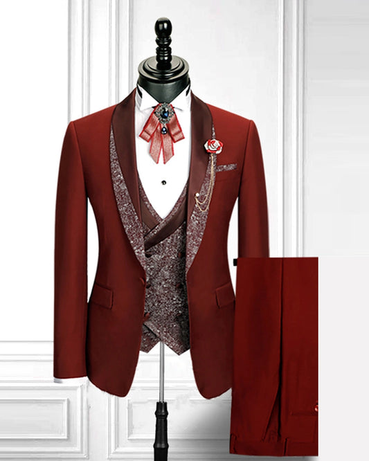 Red 3 piece Stitching Shawl Lapel Single Breasted Suit