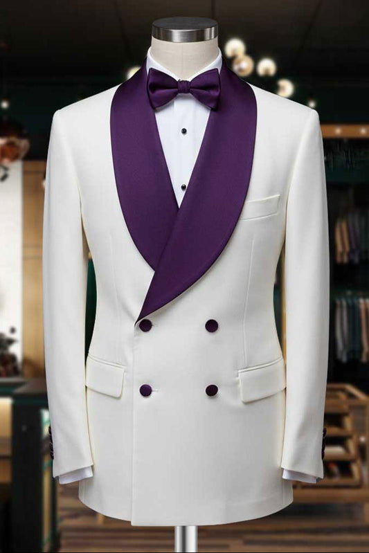 White Double Breasted 2-piece Tuxedo with Purple Shawl Lapel