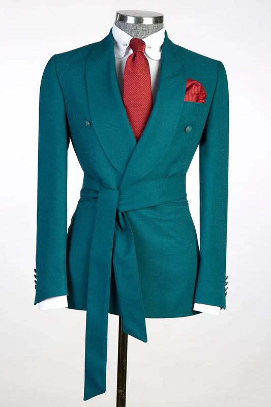 Teal Blue 2-piece Double-breasted Shawl Lapel Suit