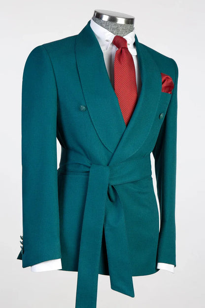 Teal Blue 2-piece Double-breasted Shawl Lapel Suit