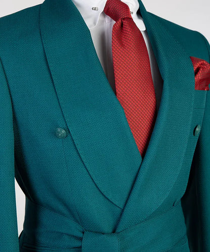 Teal Blue 2-piece Double-breasted Shawl Lapel Suit