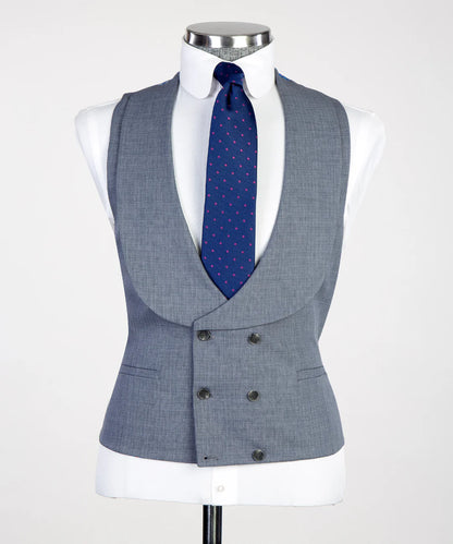 Grey 3-piece Single-breasted Peak Lapel Suit