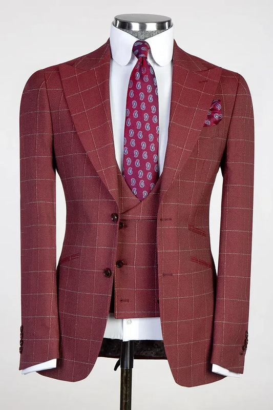 Red 3-piece Single-breasted Peak Lapel Plaid Suit