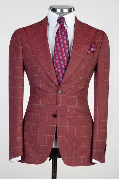 Red 3-piece Single-breasted Peak Lapel Plaid Suit