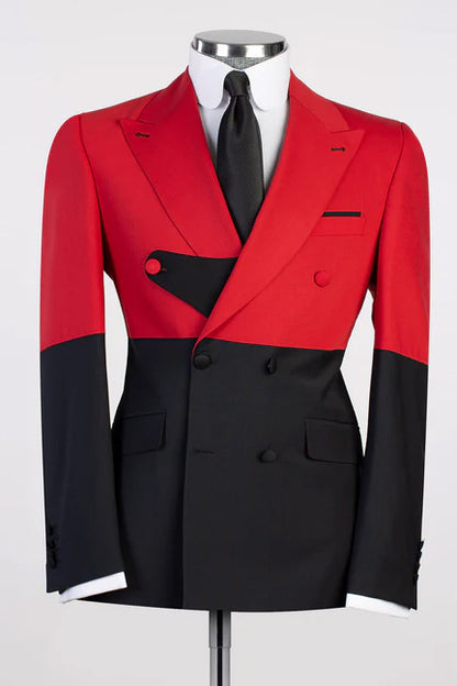 Red Black Split Two-tone Double-breasted 2-piece Peak Lapel  Suits
