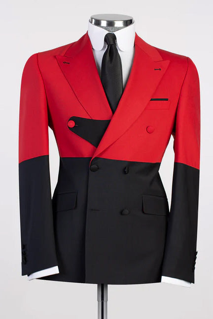 Red Black Split Two-tone Double-breasted 2-piece Peak Lapel  Suits