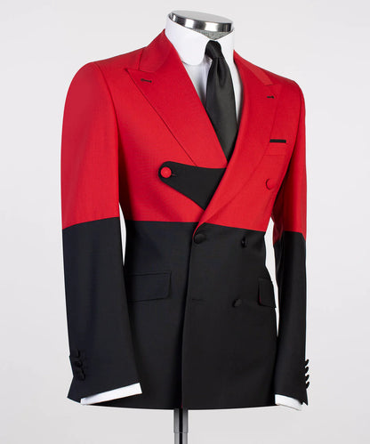 Red Black Split Two-tone Double-breasted 2-piece Peak Lapel  Suits