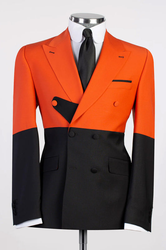 Orange Black Split Two-tone Double-breasted 2-piece Peaked Lapel  Suits