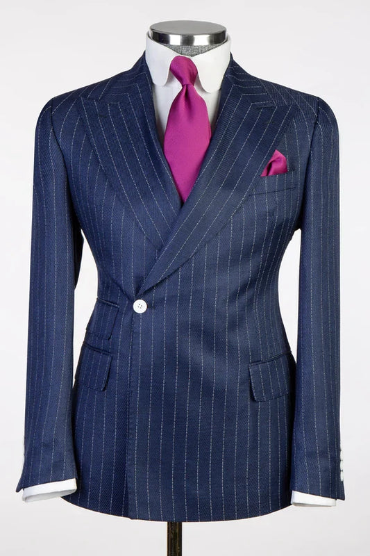 Navy Blue One Button Striped Suit for Prom