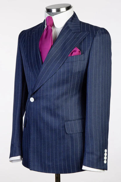 Navy Blue One Button Striped Suit for Prom