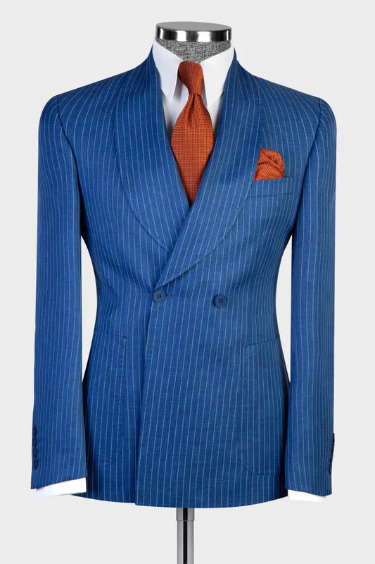 Blue 2-piece Double-breasted Shawl Lapel Suit
