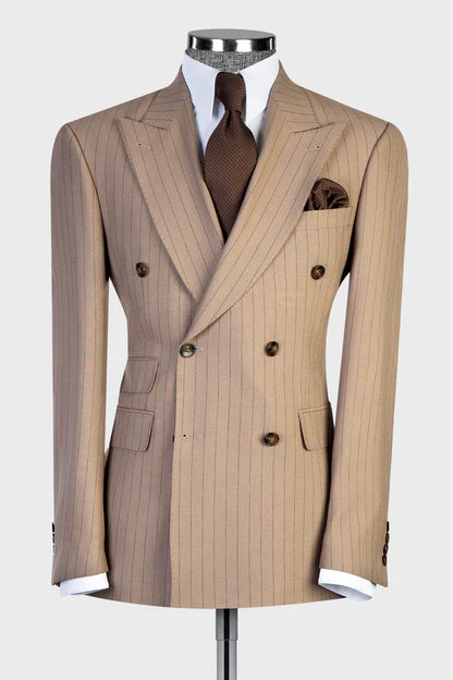 2 Piece Double Breasted Peaked Lapel Khaki Outfits