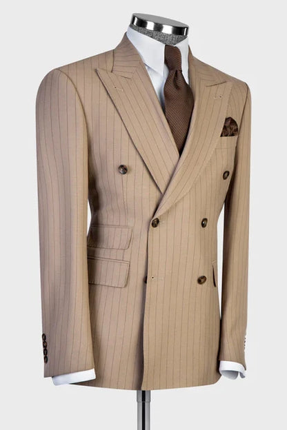 2 Piece Double Breasted Peaked Lapel Khaki Outfits