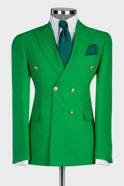 Green 2-piece Double-breasted Peak Lapel Suit