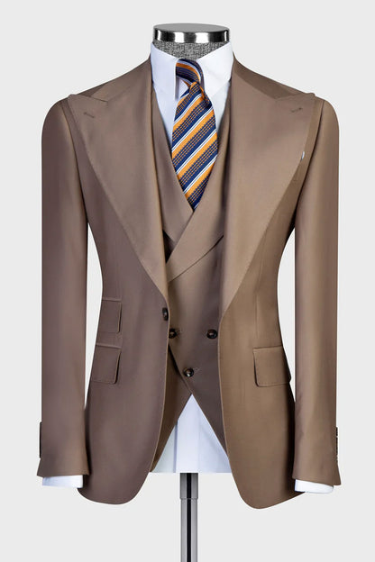 Khaki Single-breasted Peak Lapel 3-piece Suit
