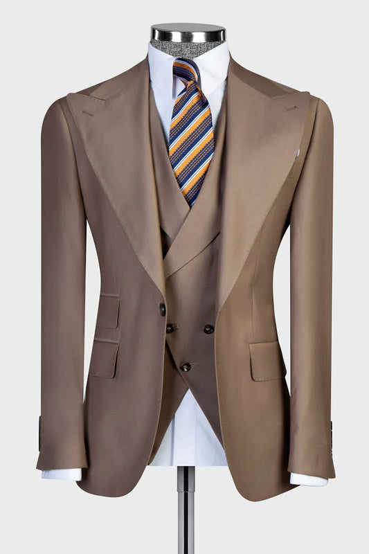 Khaki Single-breasted Peak Lapel 3-piece Suit