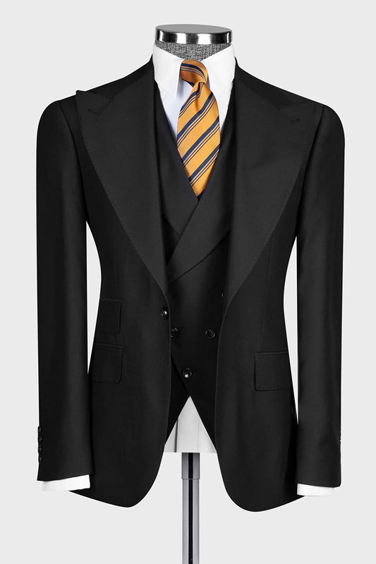 Black Single-breasted Peak Lapel 3-piece Suit