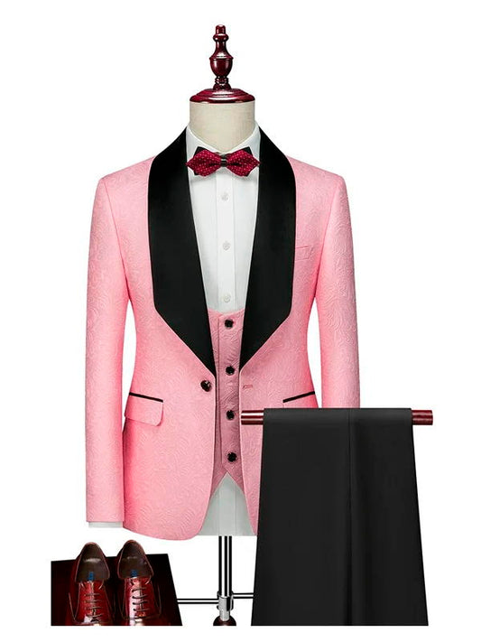 Black Satin Lapel Jacquard Pink Prom Suit