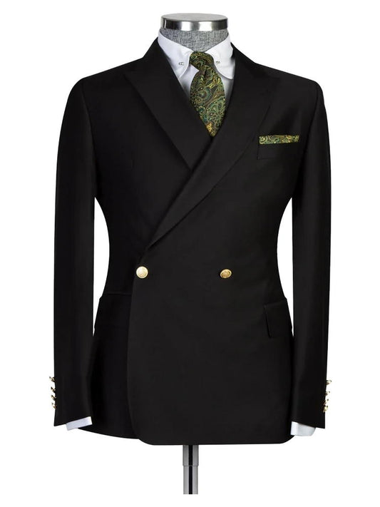 2 Piece Peak Lapel Black Double Breasted Suit With Gold Button