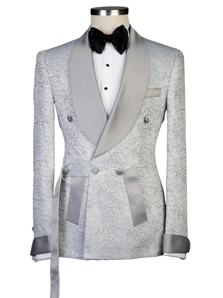 Silver Shawl Lapel Double Breasted Jacquard Wedding Suits