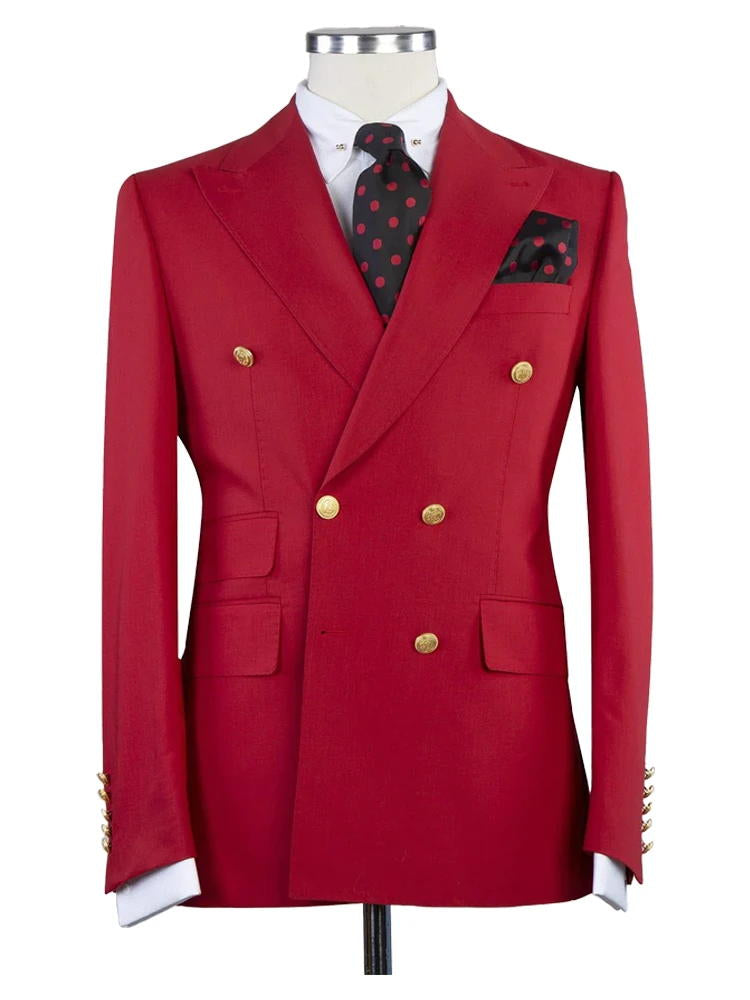 Red Peak Lapel Double Breasted Gold Button Wedding Suit