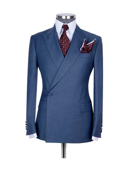 Blue 2 Piece Classic Peak Lapel Side Button Suit