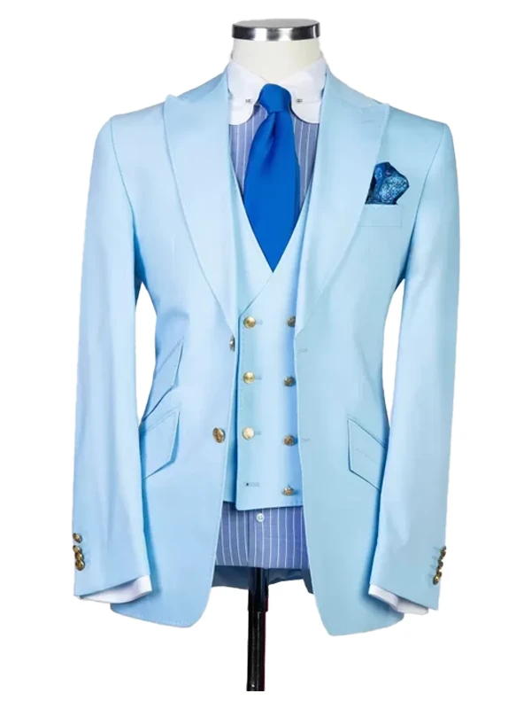 Sky Blue Peak Lapel Men's 3 Piece Suit