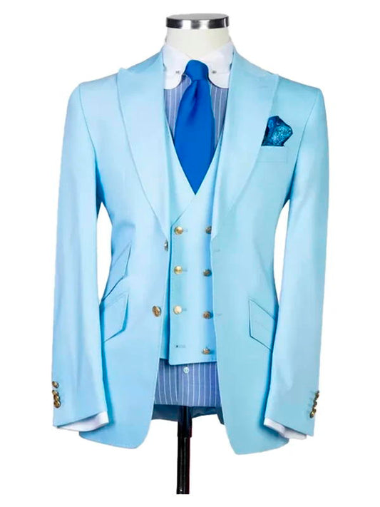 Sky Blue Peak Lapel Men's 3 Piece Suit