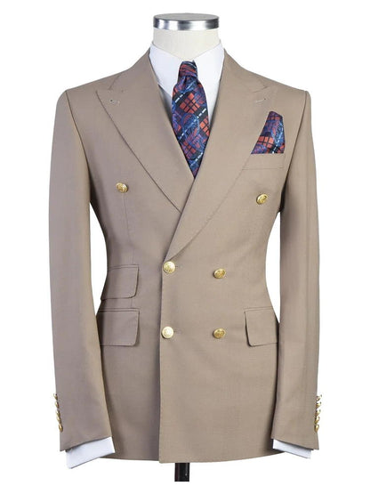 Brown Peak Lapel Double Breasted Gold Button Suit